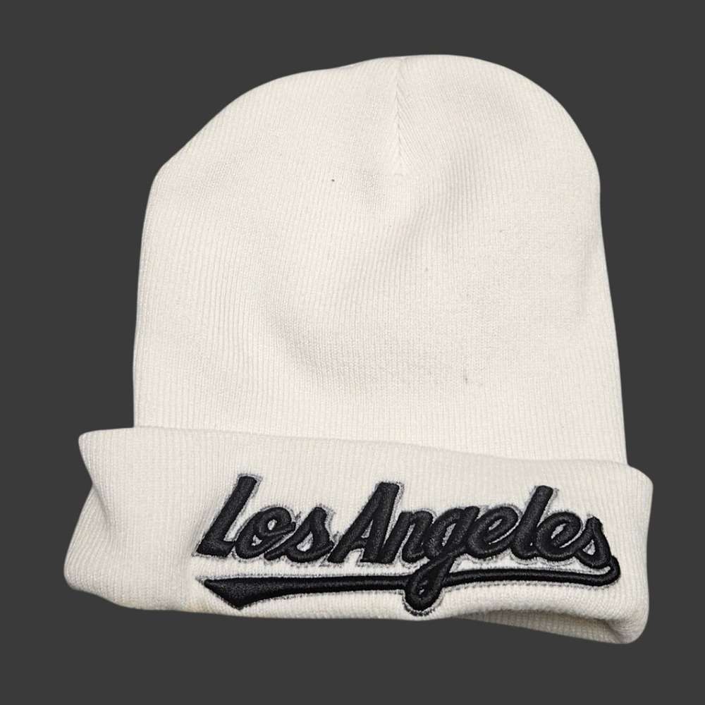 Los Angeles Beanie White Script Embroidered Streetwear Hat City Urban Sporty - Picture 1 of 5